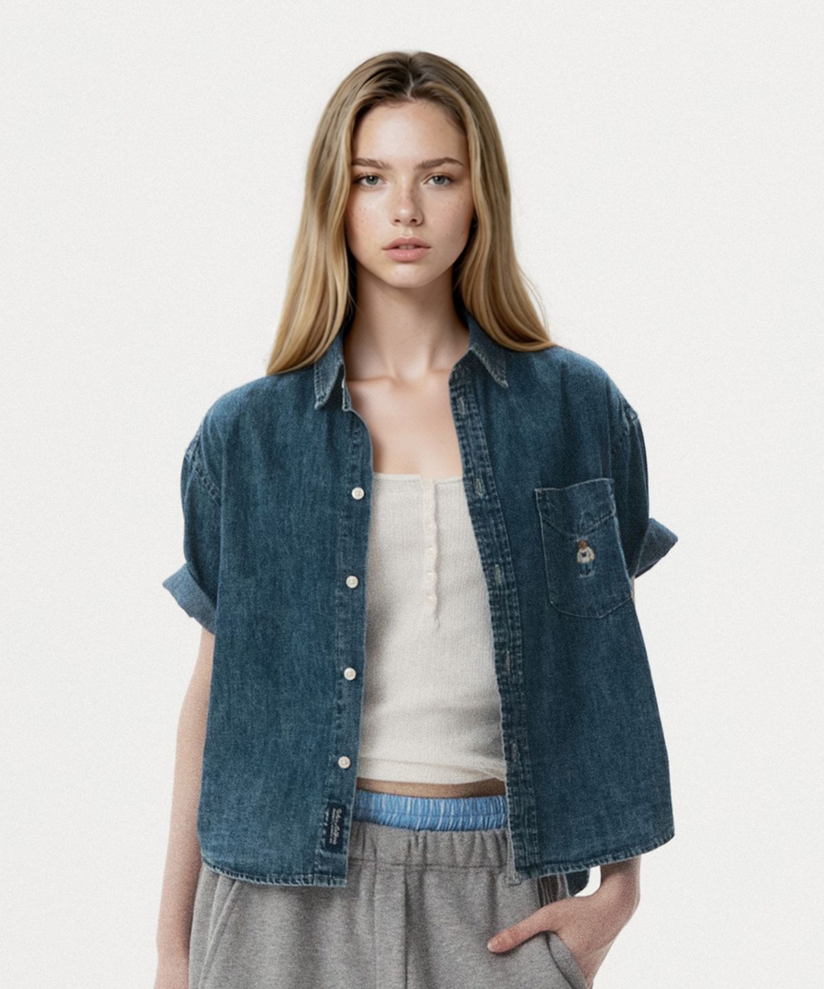 후아유(WHO.A.U) Steve Denim Crop Short Sleeve Shirts / WHYJG2522F