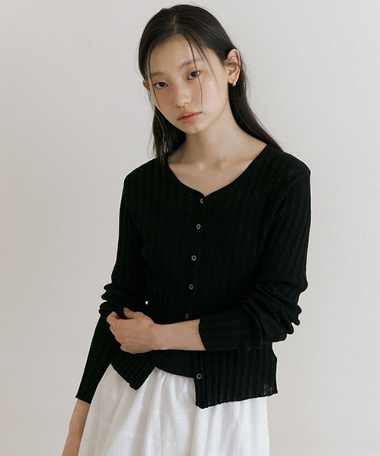 linen blended ribbed knit cardigan-black
