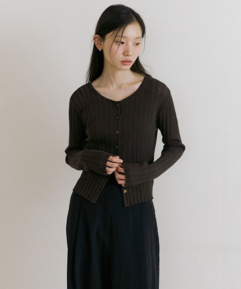 linen blended ribbed knit cardigan-brown