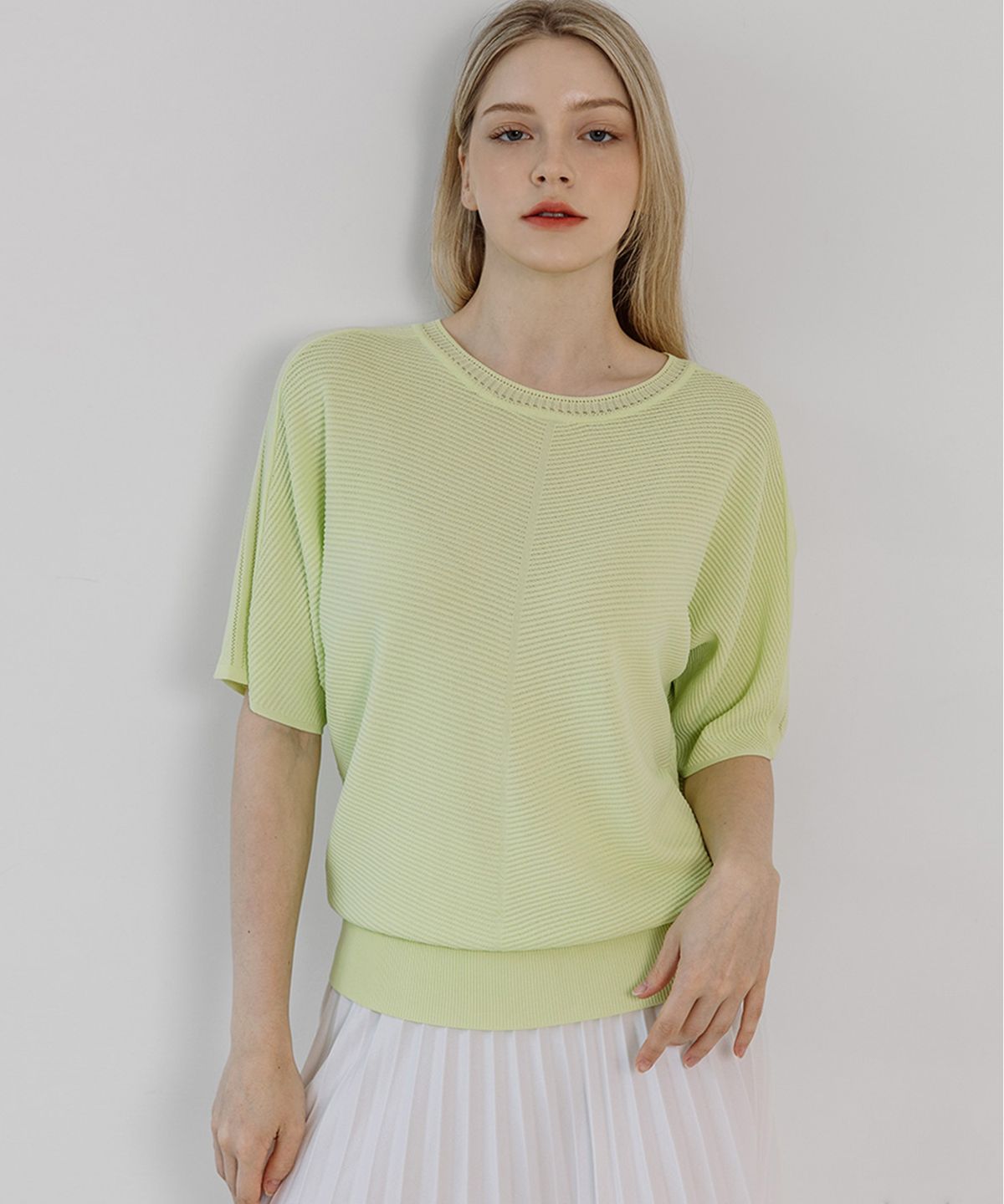 바스카라(VASCARA) Ribbed Pattern Round Neck Half Sleeve Knitwear (5colors)