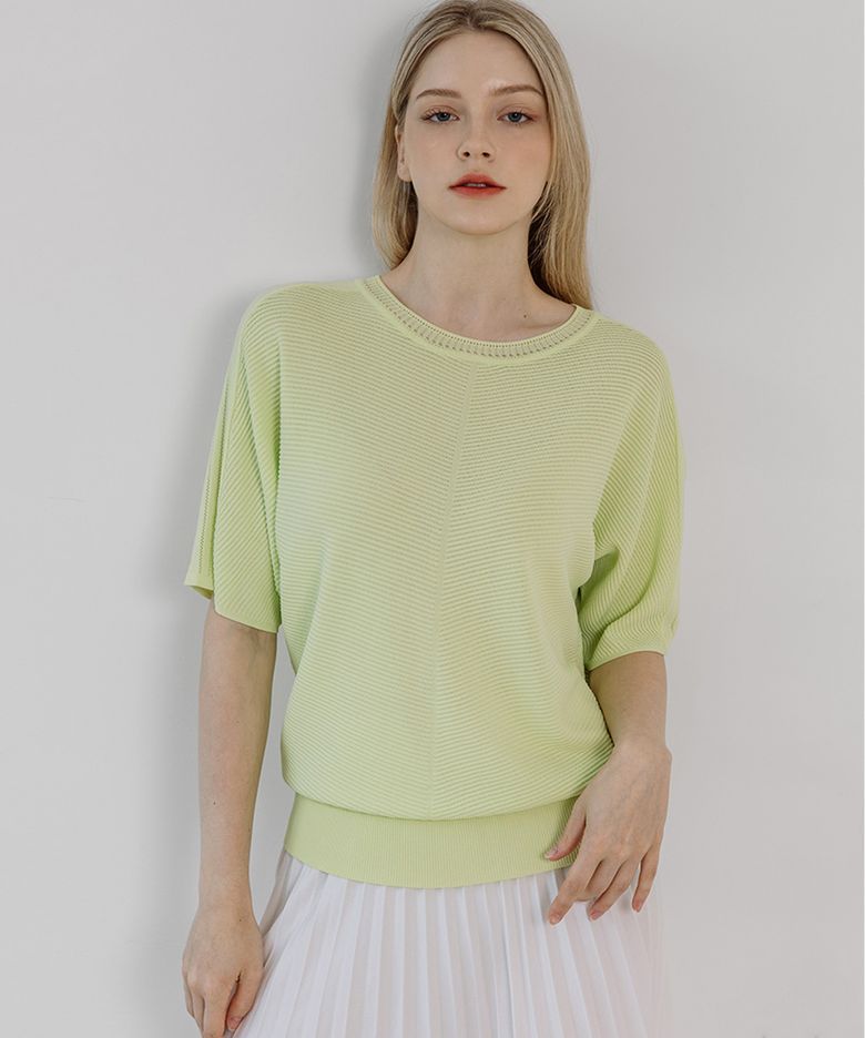 Ribbed Pattern Round Neck Half Sleeve Knitwear (5colors)