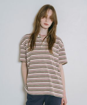 A3522 멀티 스트라이프 피케 티셔츠_Pink