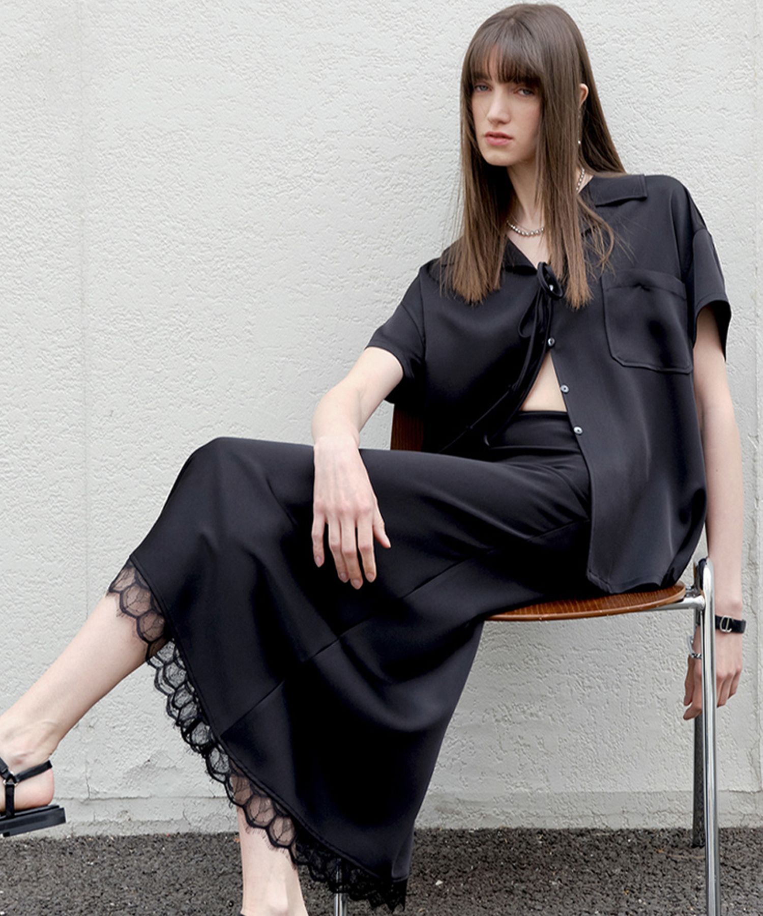 スカート [MARRON EDITION] Black Satin Shirt the-black-city-nights-satin-