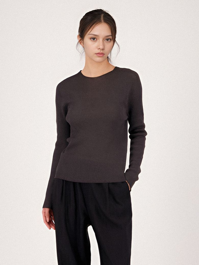 Long Sleeve Ribbed Linen Knit _Charcoal