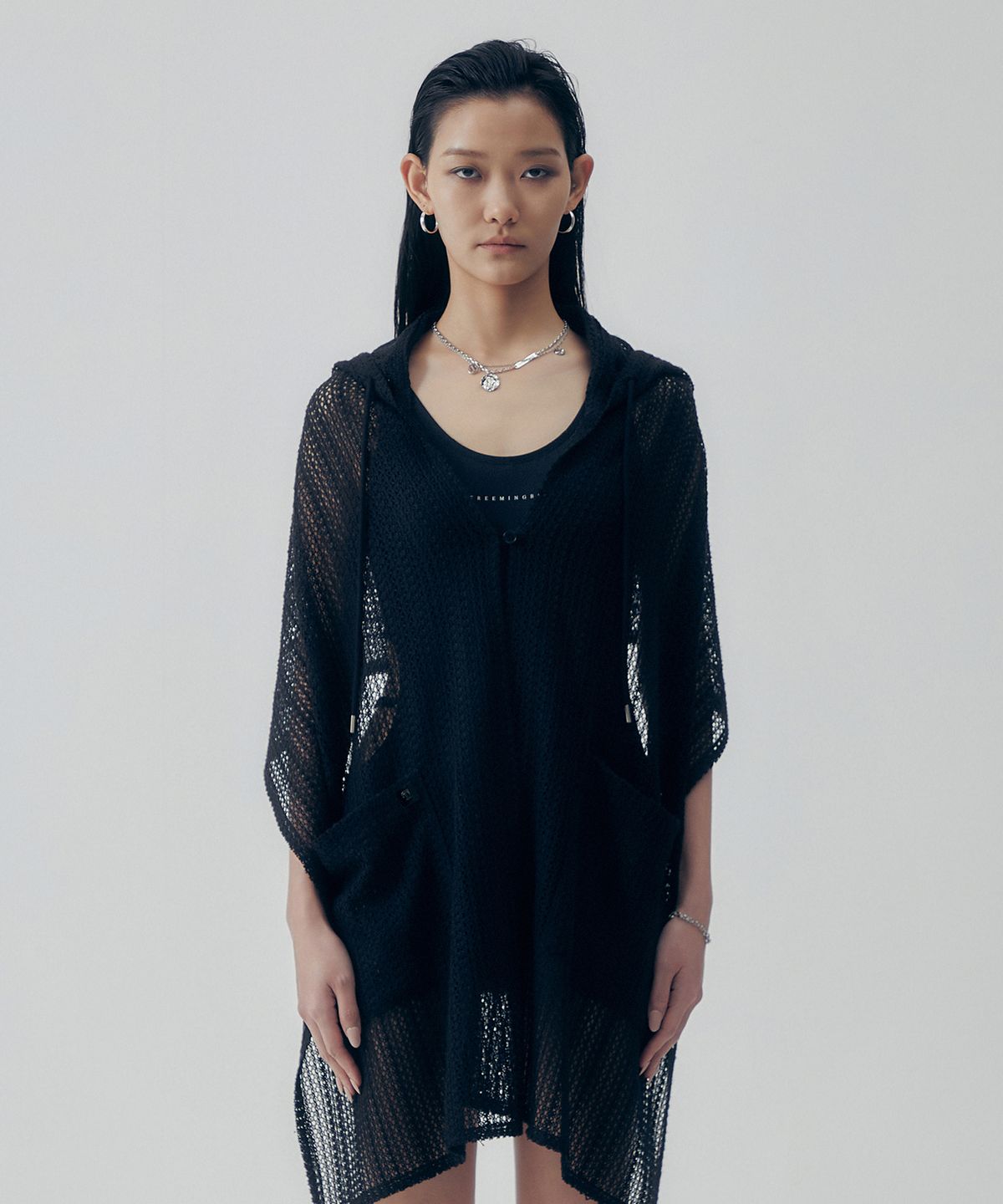 트리밍버드(TREEMINGBIRD) Lace Cover-up Hoodie [ Black ]
