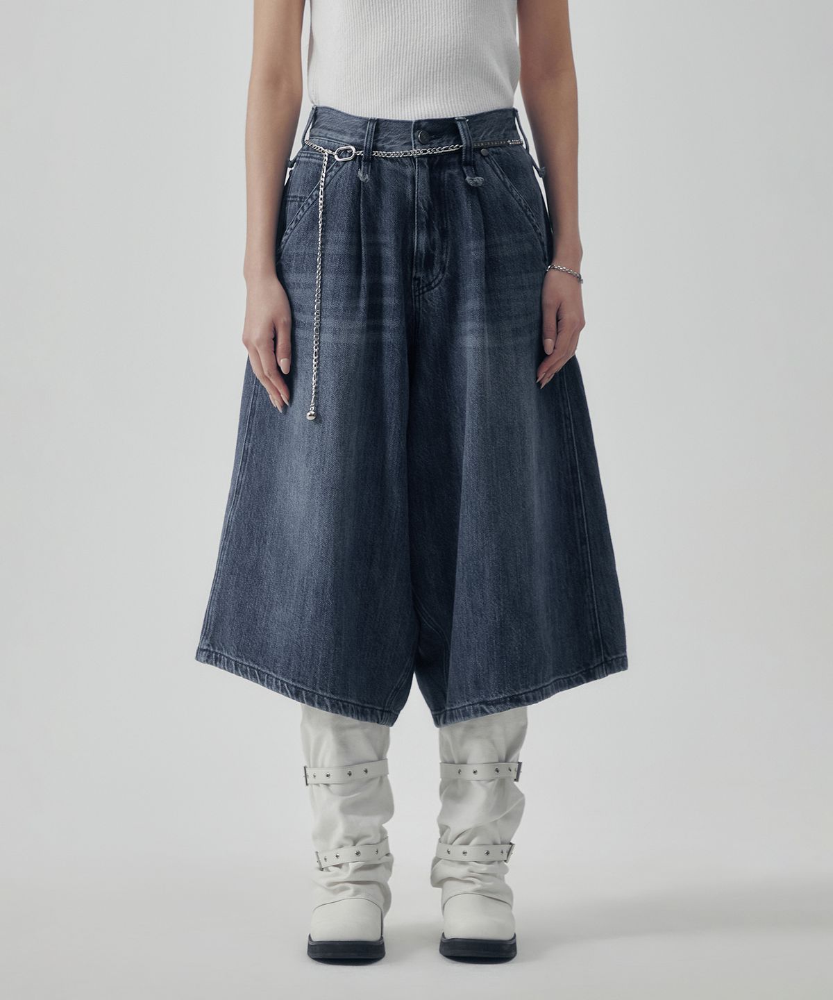 트리밍버드(TREEMINGBIRD) Carpenter-Strap Bermuda Denim Pants [ Blue ]