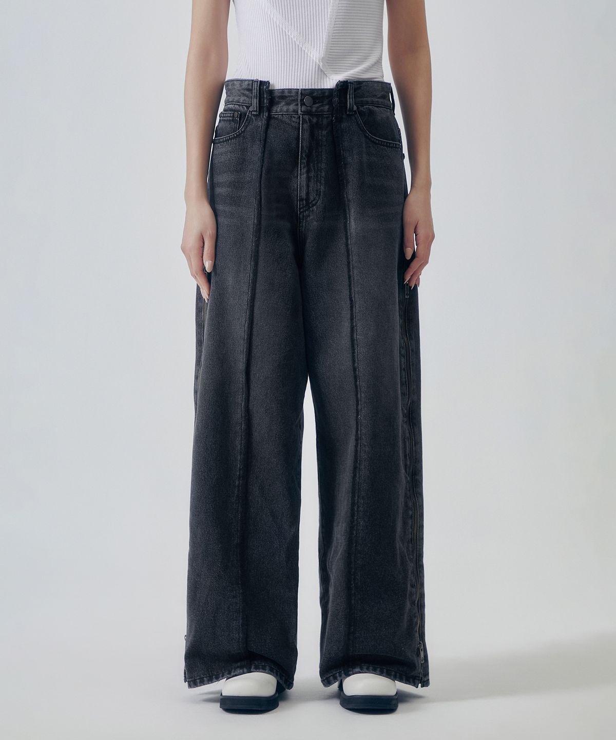 트리밍버드(TREEMINGBIRD) Utility Zipper Denim Pants [ Gray ]