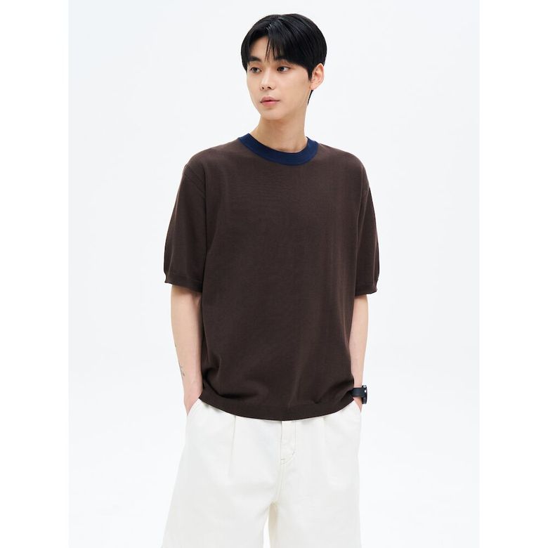 넥라인 배색 라운드 반소매 니트 브라운