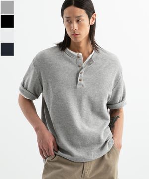 ( Waffle ) 루즈핏 와플 헨리넥 반팔티 ( 4Color )