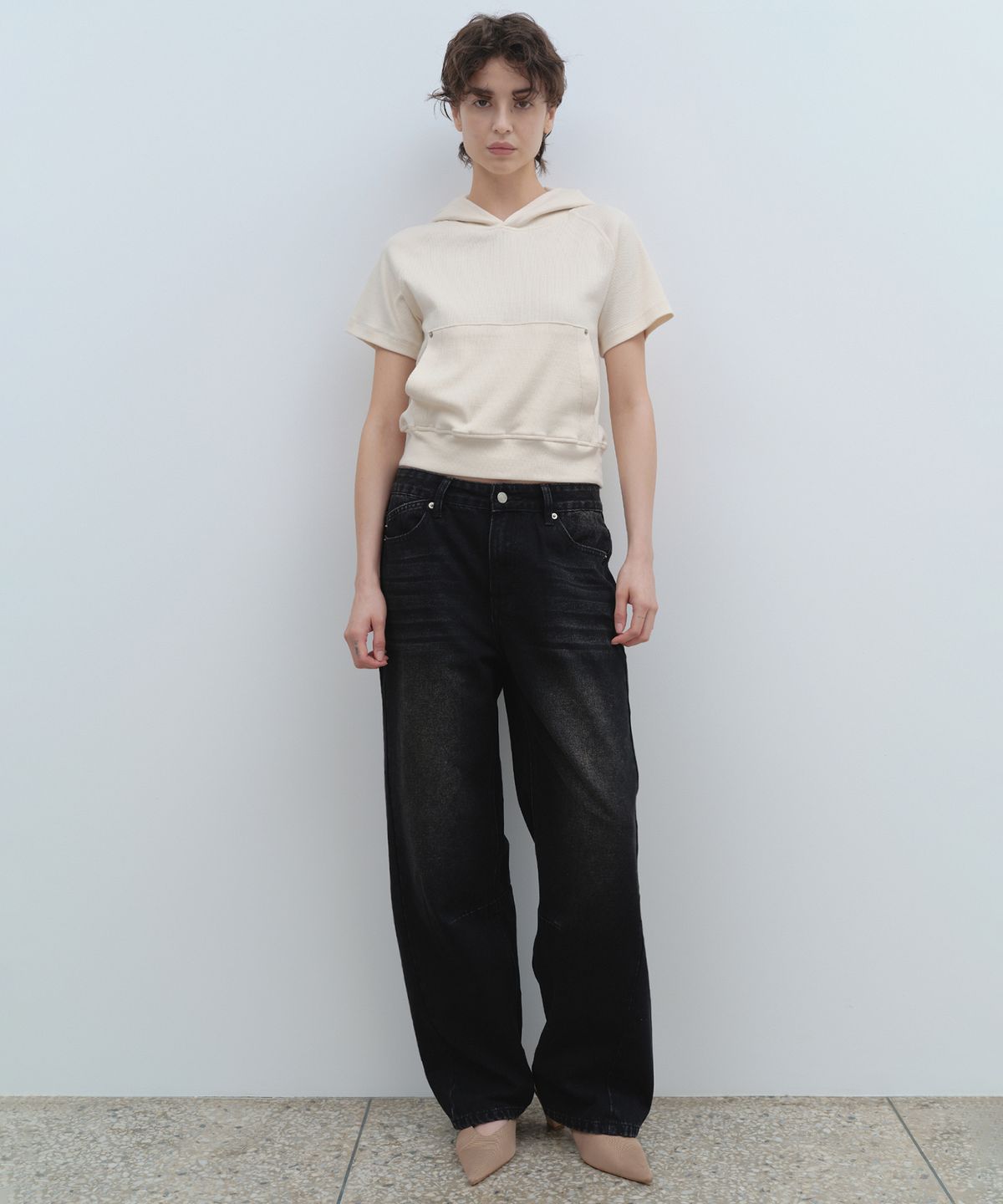밀로 우먼(MILLO WOMEN) 워시드 릴렉스드 벌룬 진 [데님 블랙]