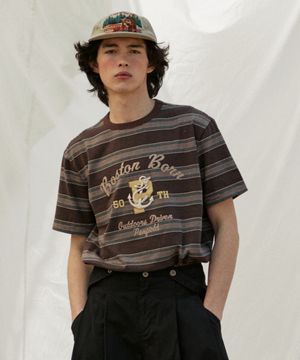 멜란지 스트라이프 자수 아트워크 반팔티 다크블랙_FR2KT79U