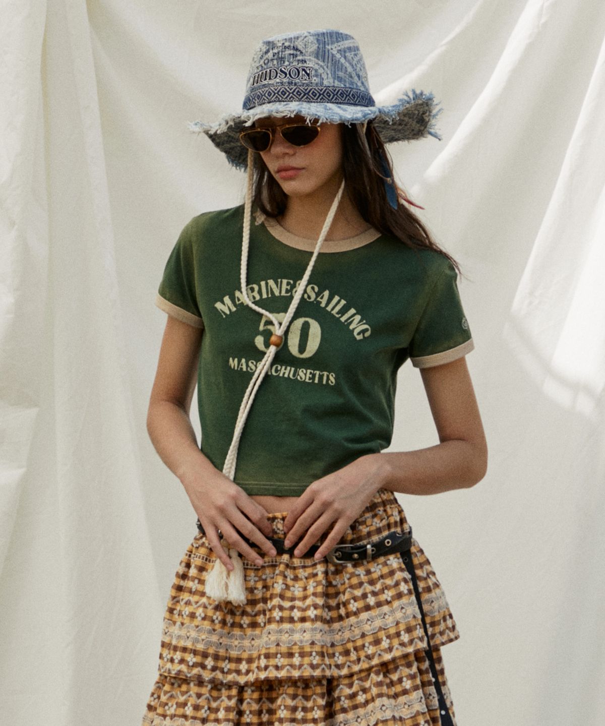 펜필드(PENFIELD) 배색 크롭 워시드 빈티지 반팔티 그린_FR2KT62U