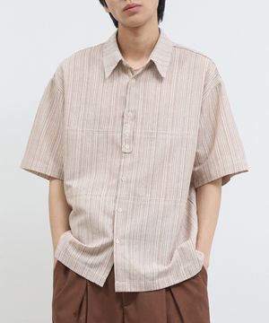 페넬 린넨 스트라이프 셔츠 - 카멜 브라운