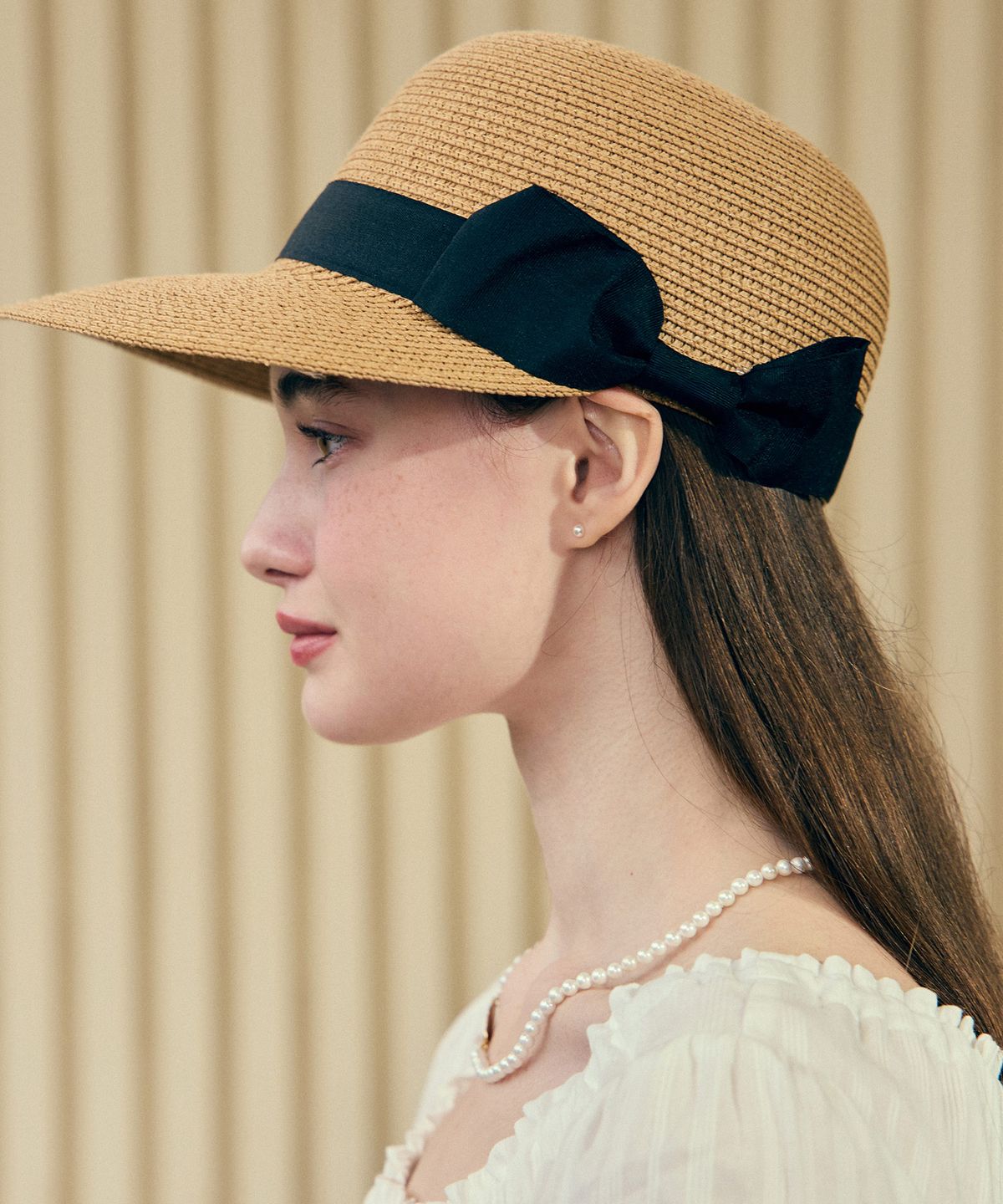 논로컬(NONLOCAL) Ribbon Rattan Sun Visor Hat - Beige