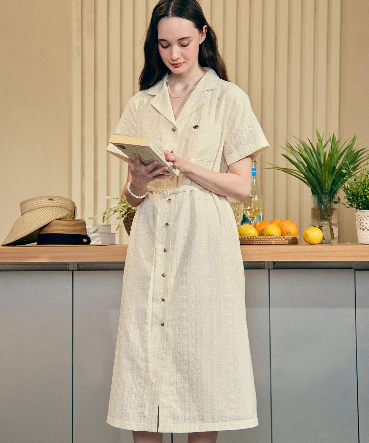 논로컬(NONLOCAL) Anna Lace Belted Dress - Cream