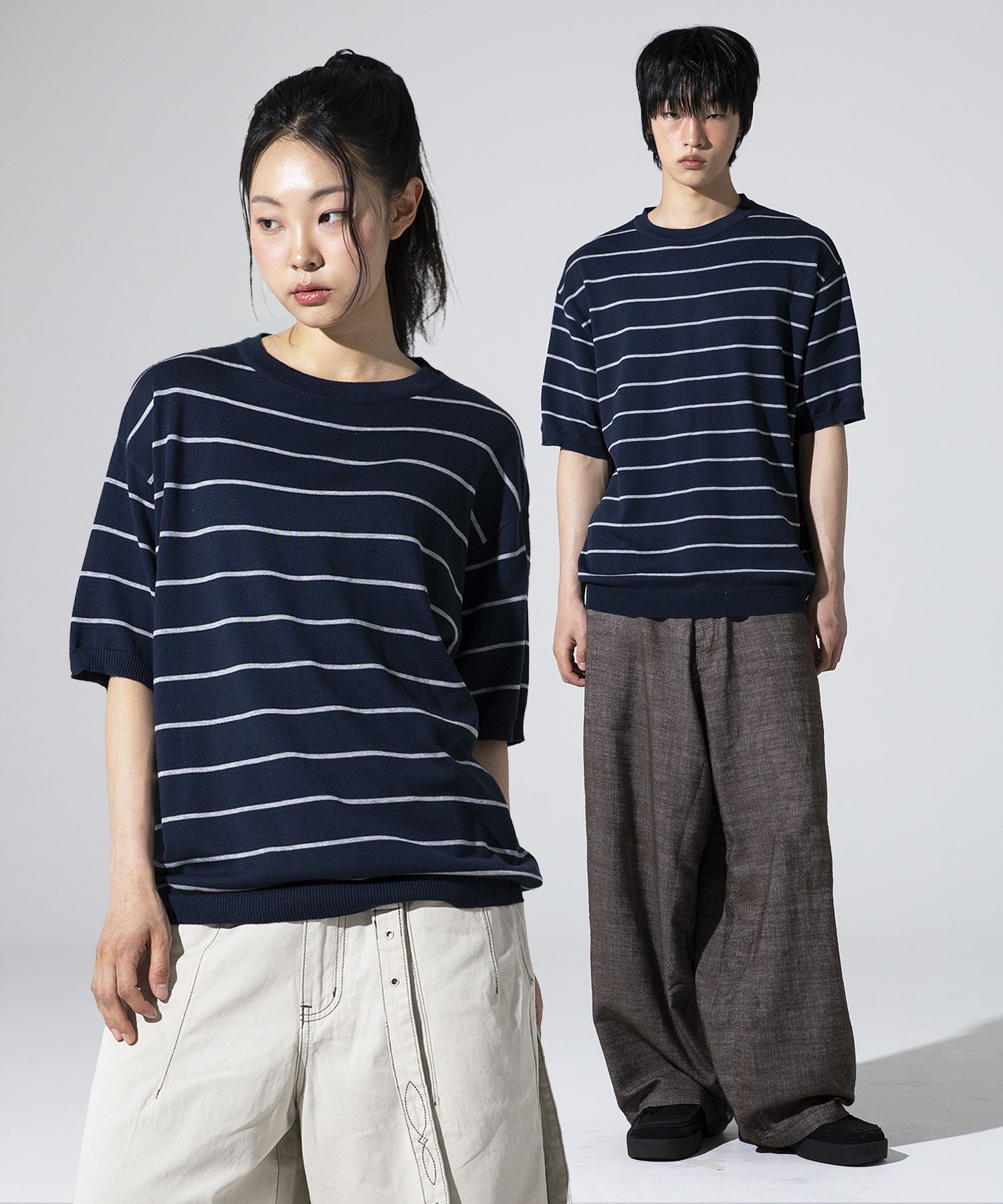 ★CPGN STUDIO_COMPAGNO★ Striped wappen knit khaki navy MUSINSA | XTONZ XTK153 Pied Stripe Round Short Sleeve Knit