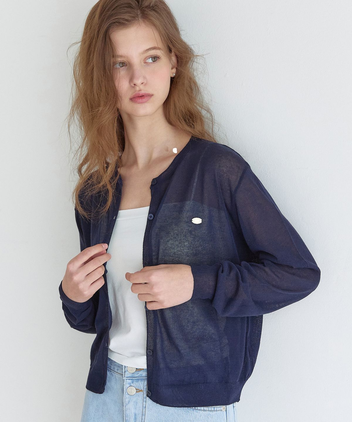 논로컬(NONLOCAL) See-through Round Neck Cardigan - Navy