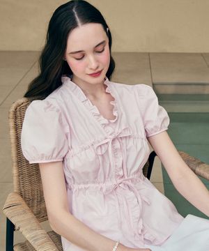 Ribbon Shirring Puff Sleeve Blouse - Pink