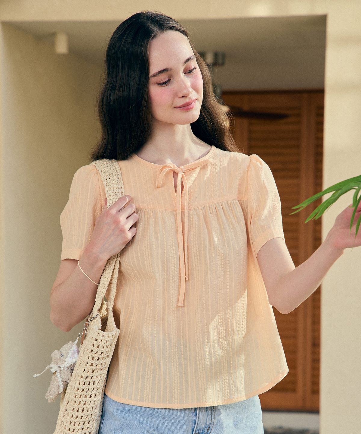 논로컬(NONLOCAL) Lace Shirring Blouse - Light Orange