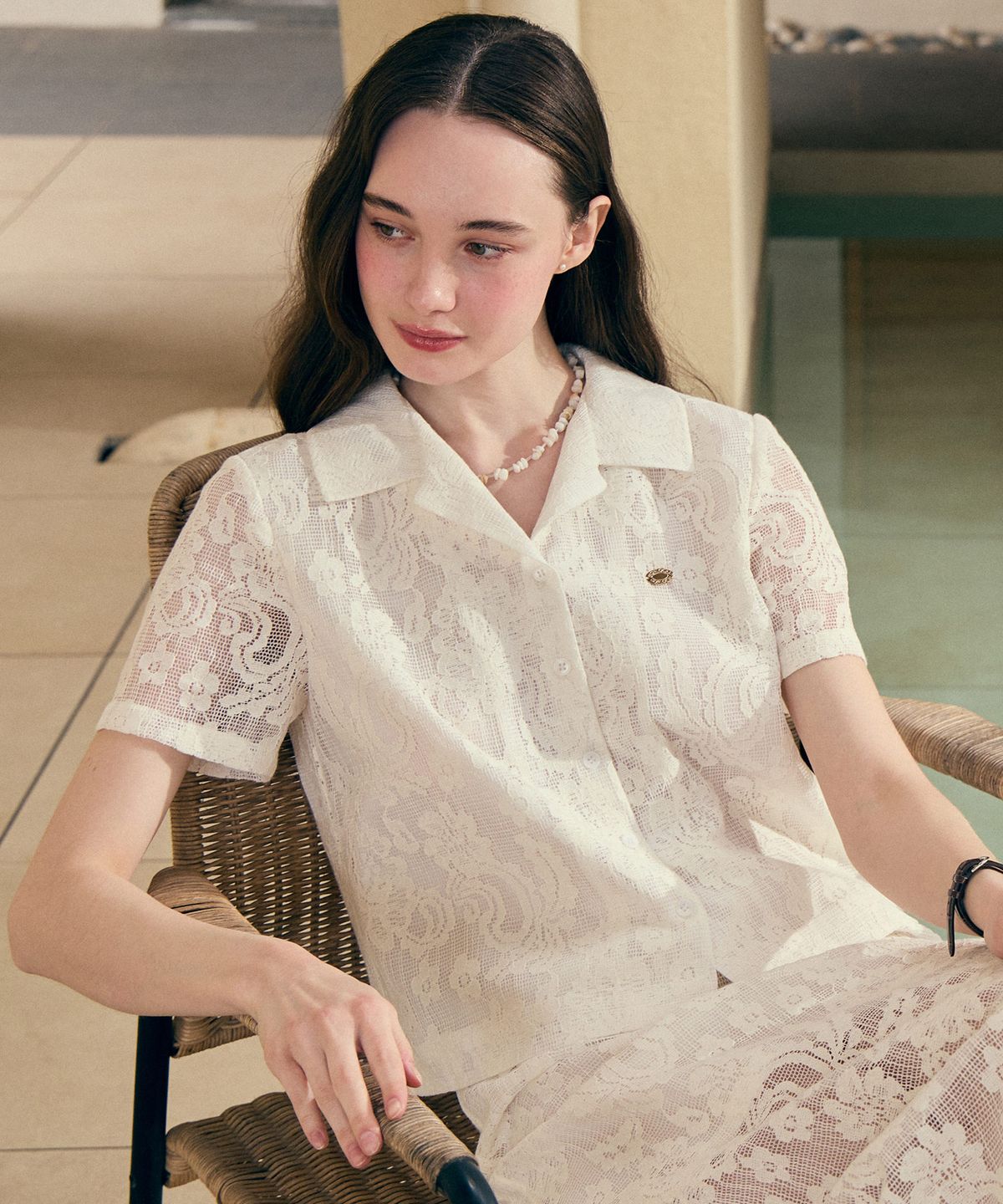 논로컬(NONLOCAL) Lace Embroidered Half Sleeve Shirt - White