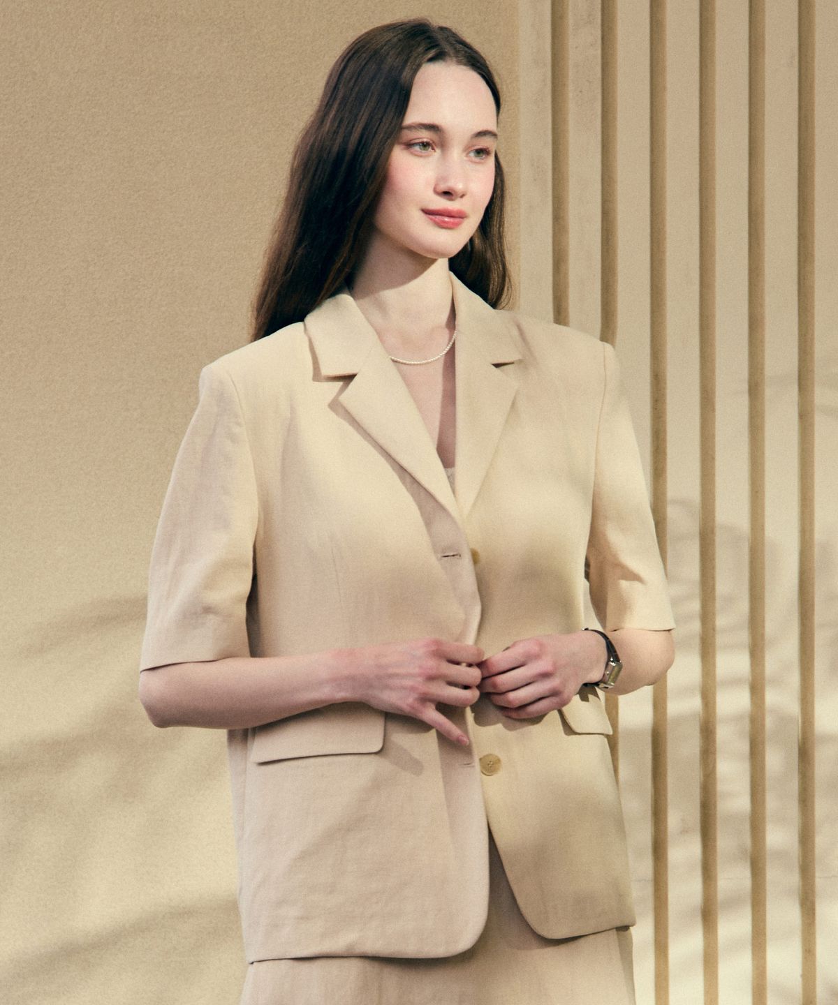 논로컬(NONLOCAL) Linen Half Sleeve Jacket - Light Beige