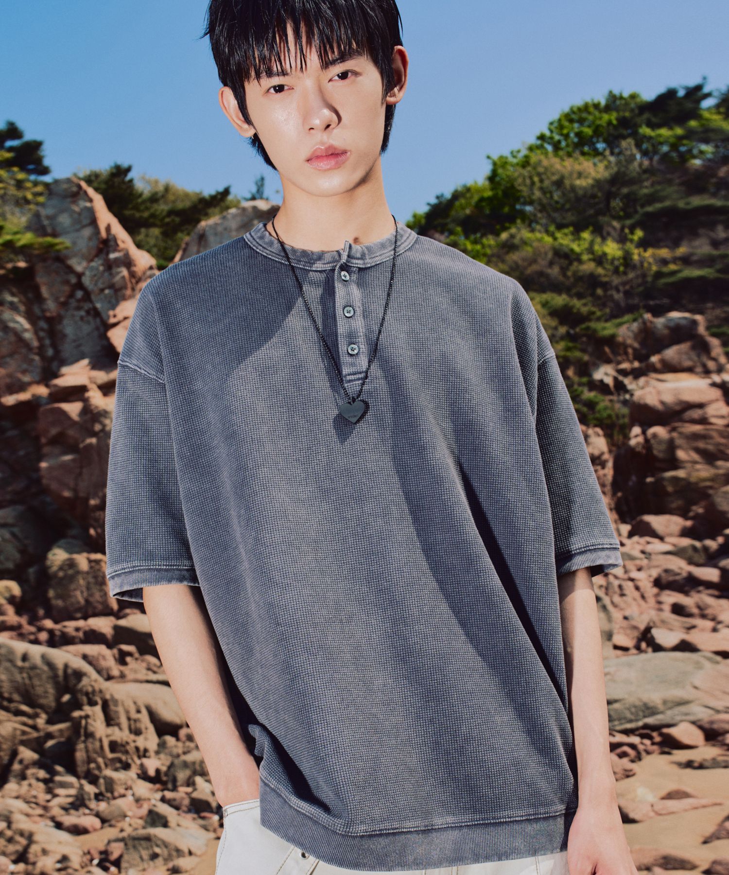 ★XTONZ★ XTT144 Vintage Washed Waffle Henley Neck T-Shirt N MUSINSA | XTONZ XTT144 Vintage Washed Waffle Henley Neck T