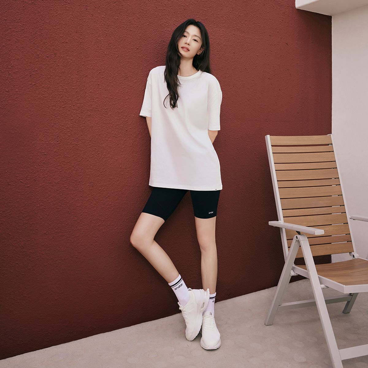 안다르(ANDAR) [SET] 오버핏 숏슬리브 & 바이커 4부 레깅스