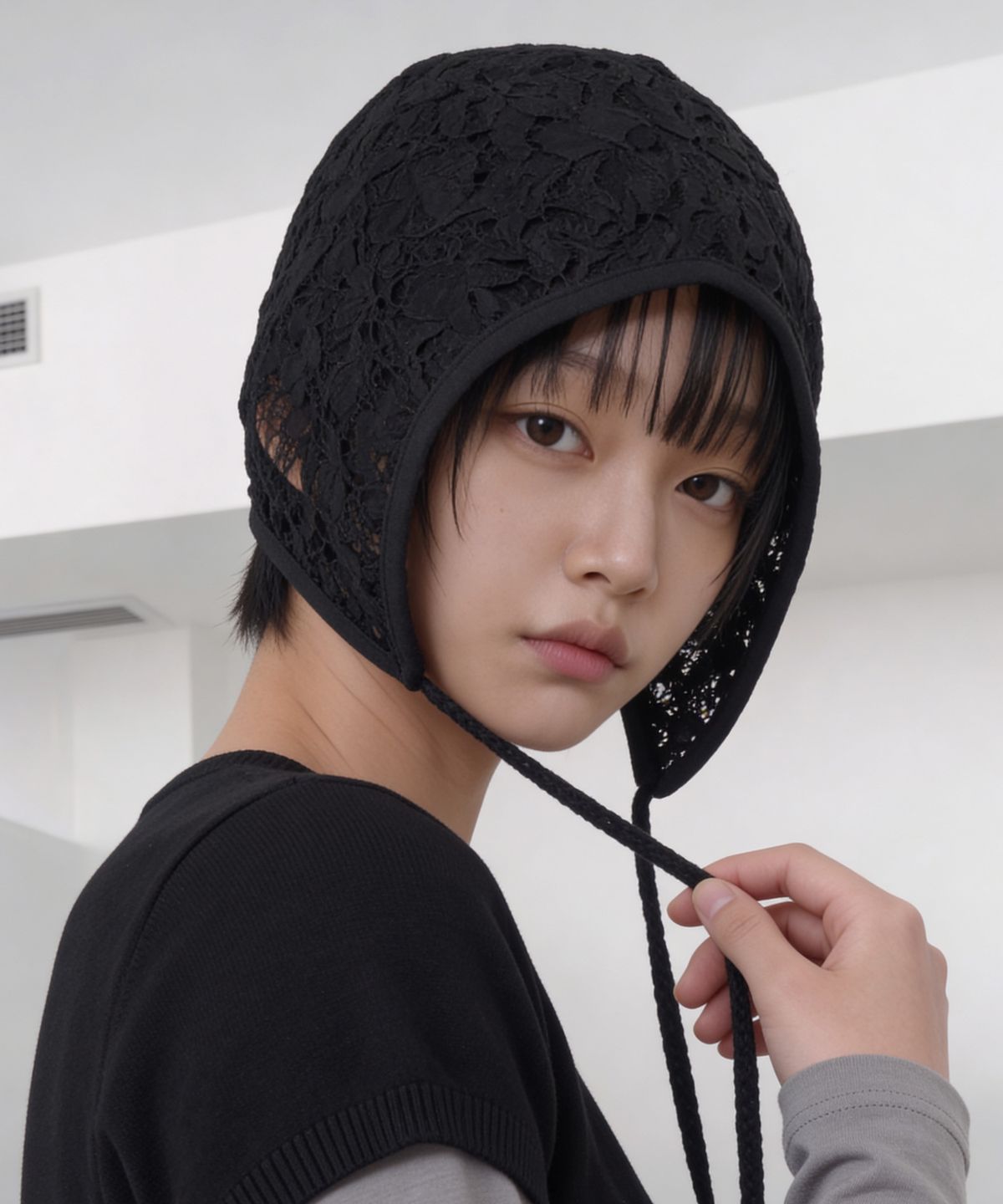 언더컨트롤 스튜디오(UNDERCONTROL STUDIO) 끈 디테일 레이스 이어플랩 여름 항공모 비니 AVIATOR HAT / DOUBLE LACE / BLACK