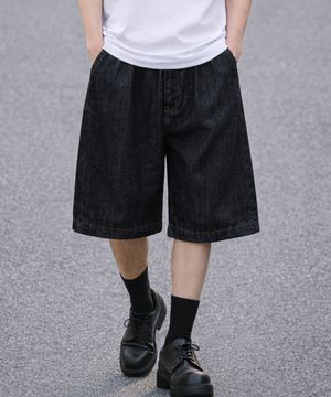 원턱 버뮤다 데님 반바지_[빈티지블랙]