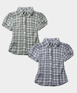 퍼프 소매 링클 로고 자수 코튼 반팔 체크 블라우스 셔츠_2COLOR