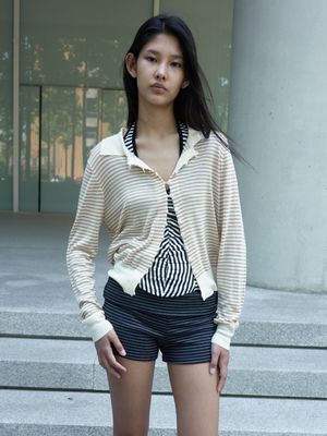 STRIPE COLLAR KNIT CARDIGAN / CREAM