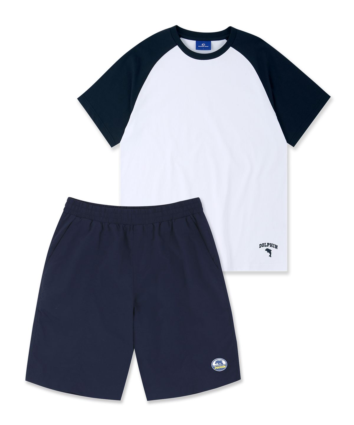 돌핀웨이브어패럴(DOLPHIN WAVE APPAREL) [세트] 돌핀 실리콘프린트 라글란 반팔티셔츠 네이비 + 실리콘와펜 루즈핏 타슬란반바지 네이비