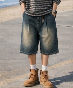 원턱 버뮤다 데님 쇼츠 하프 반바지_[빈티지블루]