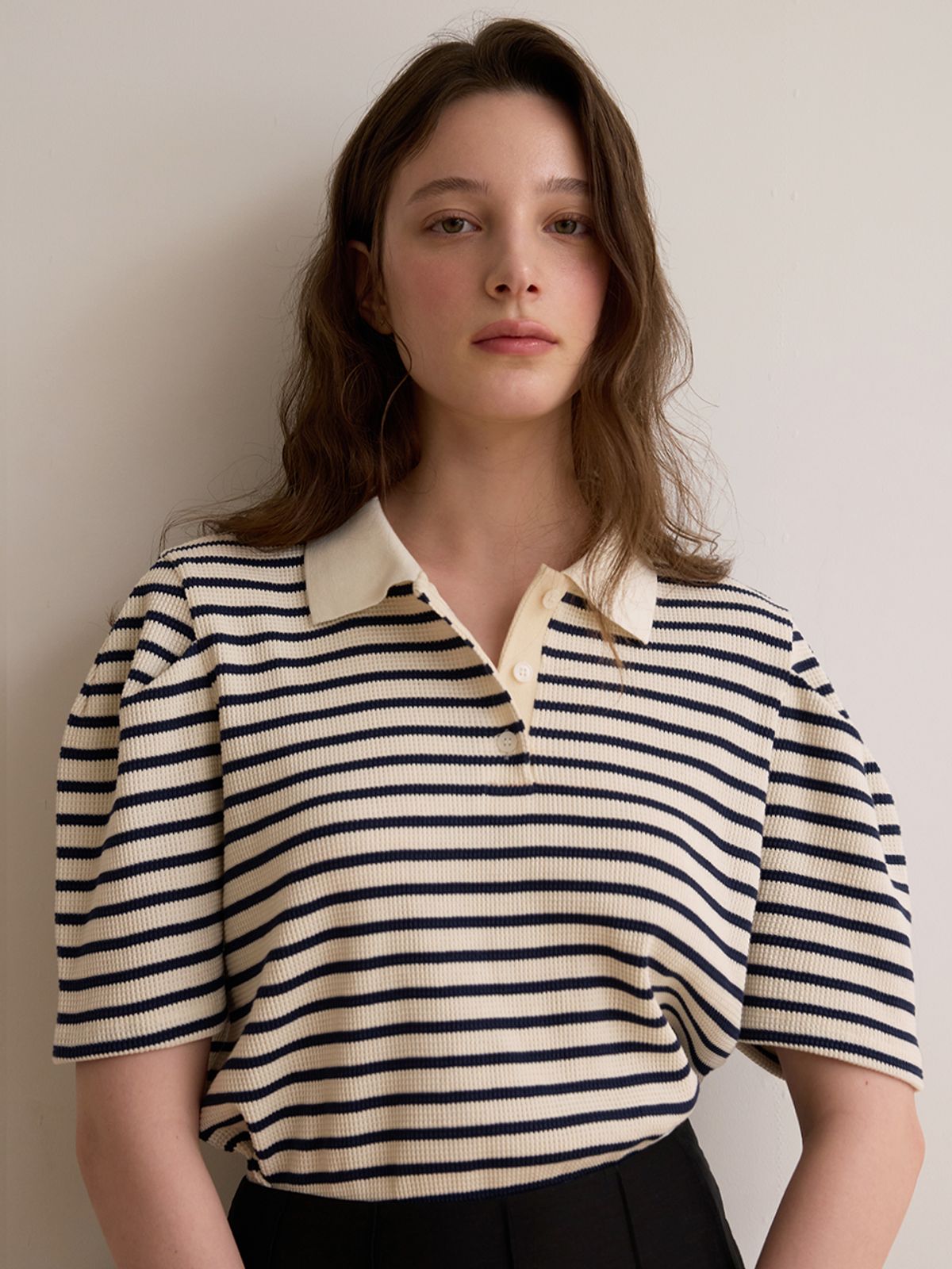 비뮤즈맨션(BEMUSE MANSION) Stripe collar puff top - Navy