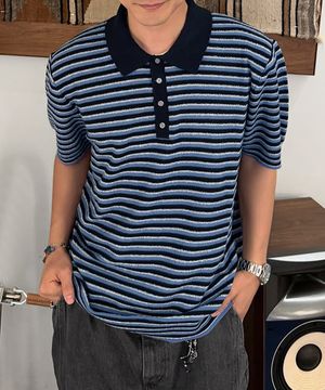 호라이즌 스트라이프 카라 니트_씨블루