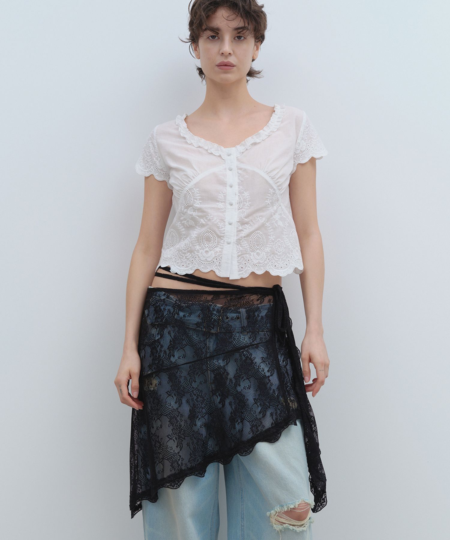 MILLO WOMEN☆Asymmetric Lace Wrap Skirt MUSINSA | MILLO WOMEN Asymmetric Lace Wrap Skirt [Ivory]