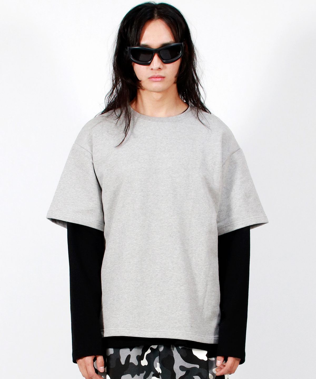 드마크(DEMARC) M LAYERED SLEEVE BOXY FIT CREW NECK T-SHIRT GREY