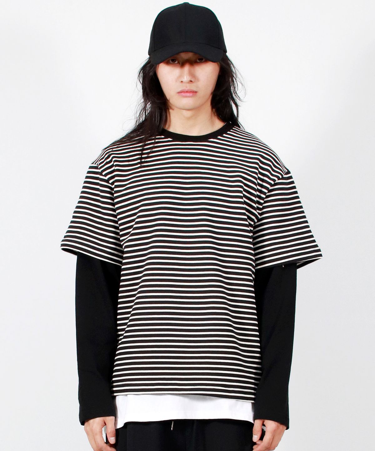 드마크(DEMARC) M LAYERED SLEEVE BOXY FIT CREW NECK T-SHIRT STRIPE-BLACK