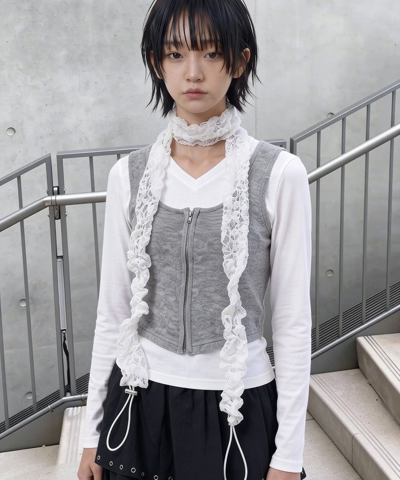 레이스 패턴 끈 조절 여름 여성 스카프 STRING PLEATS MUFFLER / LACE / WHITE