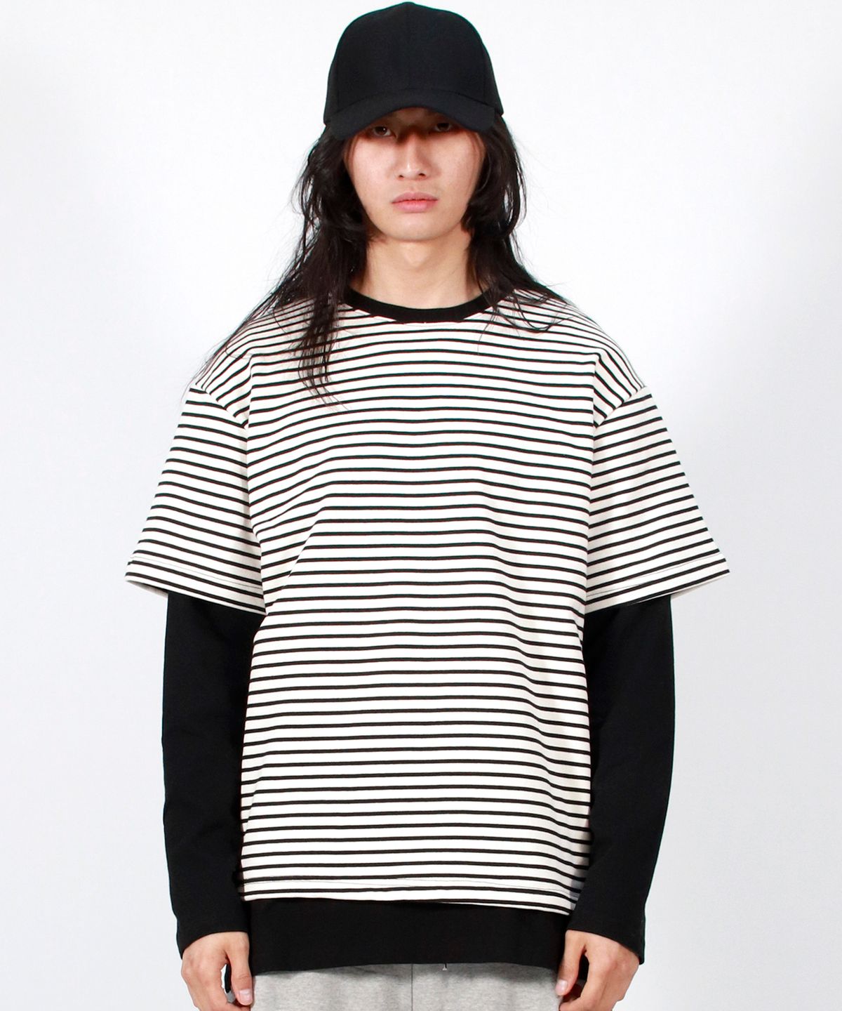 드마크(DEMARC) M LAYERED SLEEVE BOXY FIT CREW NECK T-SHIRT STRIPE-IVORY