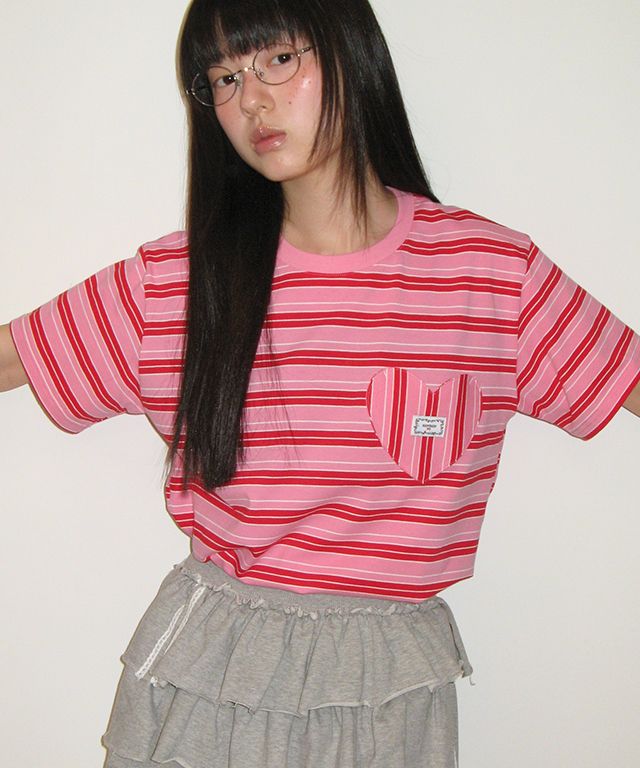 Tシャツ・カットソー RONRON MULTI STRIPE HEART POCKET BASIC FIT T SHIRT RED RR25B MUSINSA | RONRON MULTI STRIPE HEART POCKET BASIC FIT T SHIRT RED