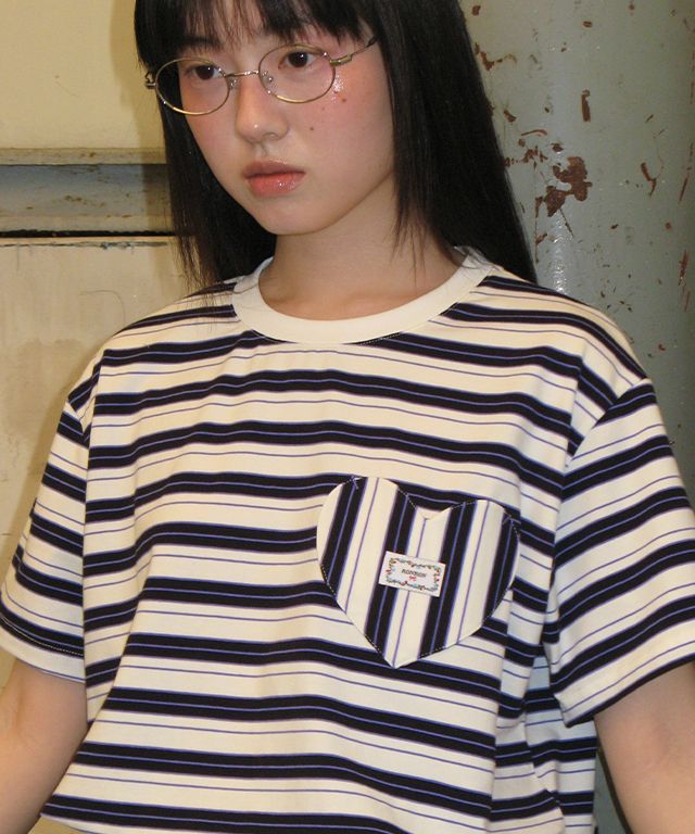 Tシャツ・カットソー RONRON MULTI STRIPE HEART POCKET BASIC FIT T SHIRT PURPLE RR MUSINSA公式 | RONRON MULTI STRIPE HEART POCKET BASIC FIT T
