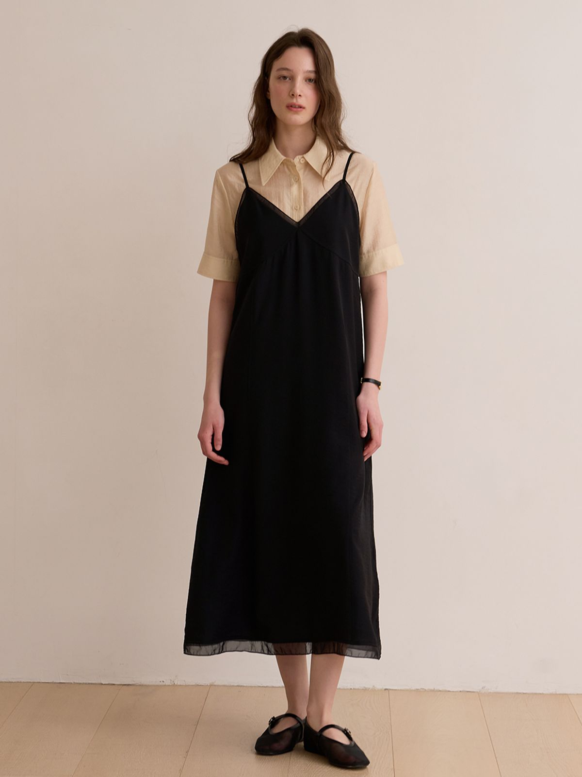 비뮤즈맨션(BEMUSE MANSION) Sheer patch layered dress - Black