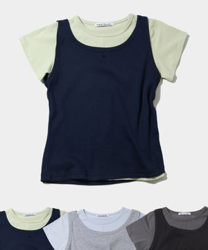 핀턱 절개 포인트 로고 자수 나시 세트 반팔 티셔츠_ 3COLOR