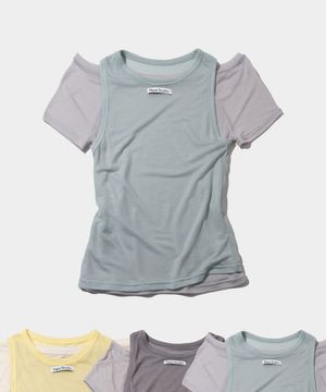 레이어드 오프숄더 라운드 시스루 나시 반팔 투피스 티셔츠_ 3COLOR