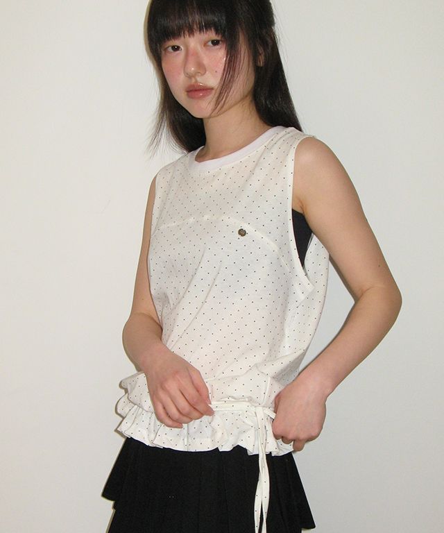 Tシャツ・カットソー RONRON FRILL SHIRRING SLEEVELESS WHITE DOT RR25BSL4266WD MUSINSA | RONRON FRILL SHIRRING SLEEVELESS WHITE DOT