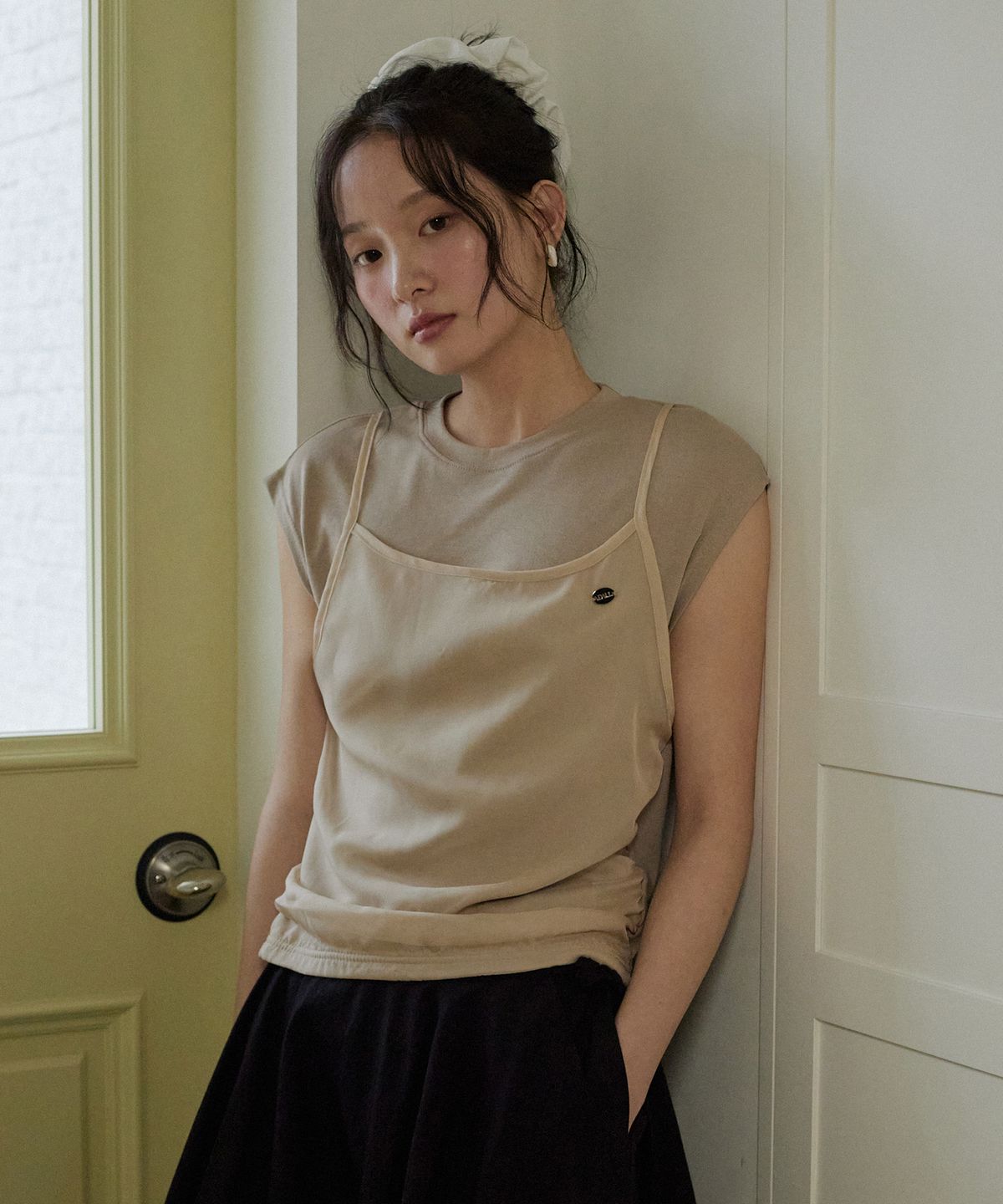 어다울(ADAUL) Layered bustier ribbon shirring t shirt - 4color