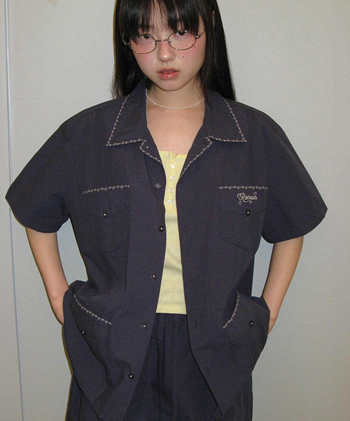 론론(RONRON) LOVER STITCH POCKET HALF SHIRT NAVY