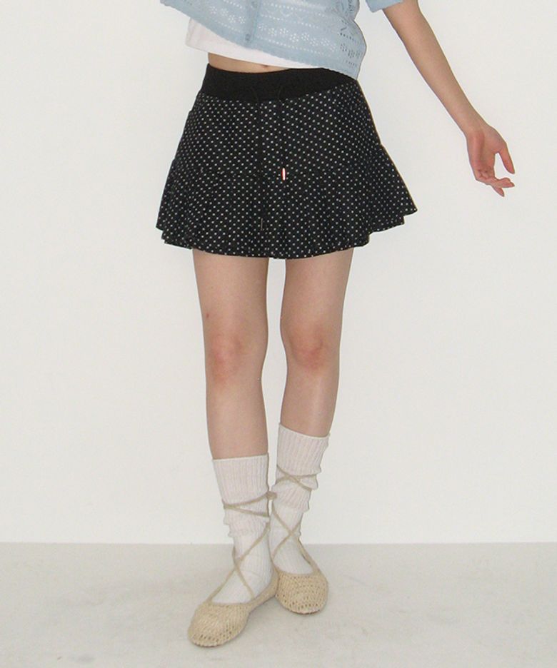 PLEATS BANDING MINI SKIRT DOT BLACK