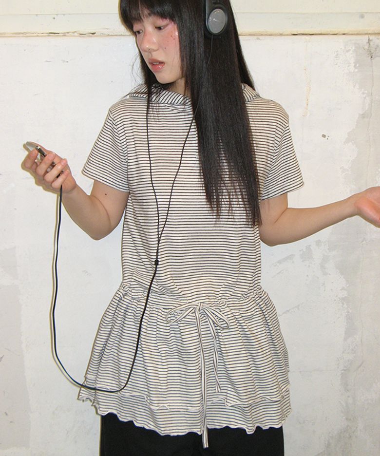 STRIPE DRAWSTRING RUFFLE LAYERED SHORT SLEEVE HOODIE DRESS WHITE BLACK